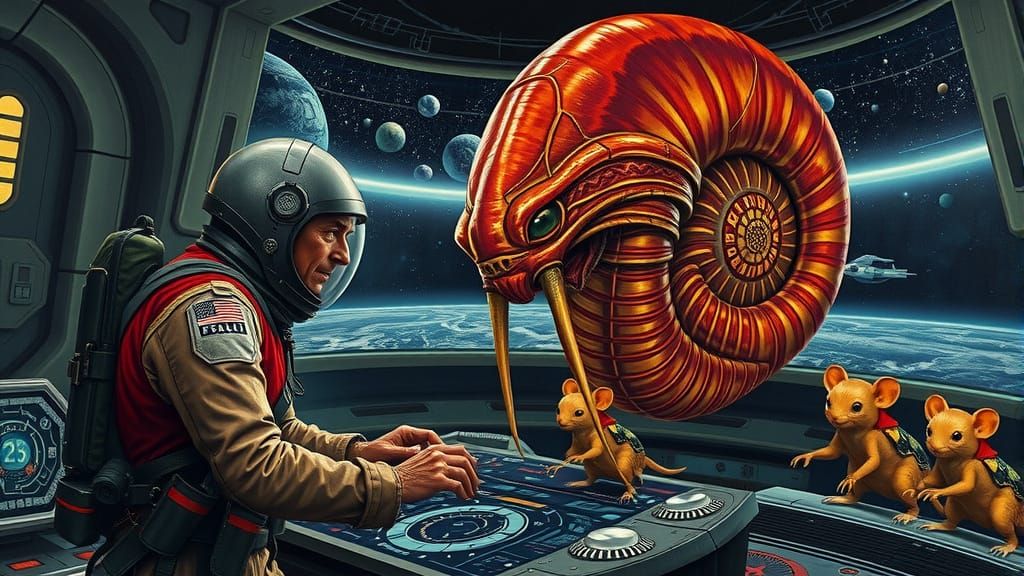 Spacesuit Man and Snail Alien at Console, Art Nouveau