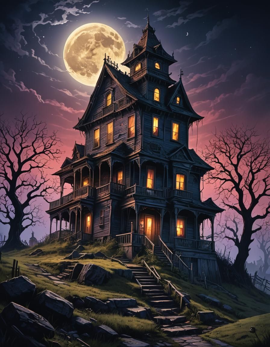 Neon Haunted House Under Moonlight: Dark Fantasy Illustratio...