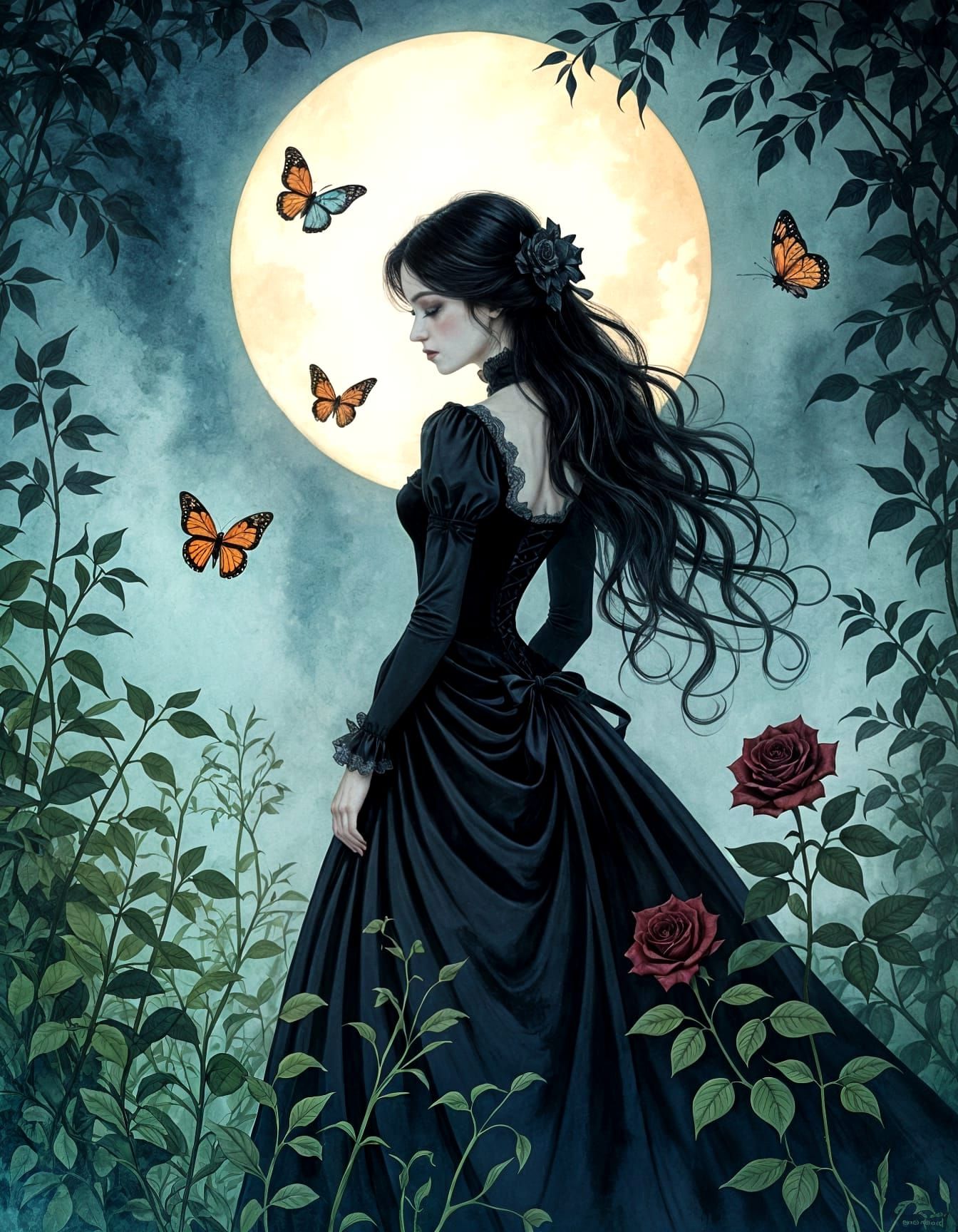 Portuguese Woman in Moonlit Gothic Garden