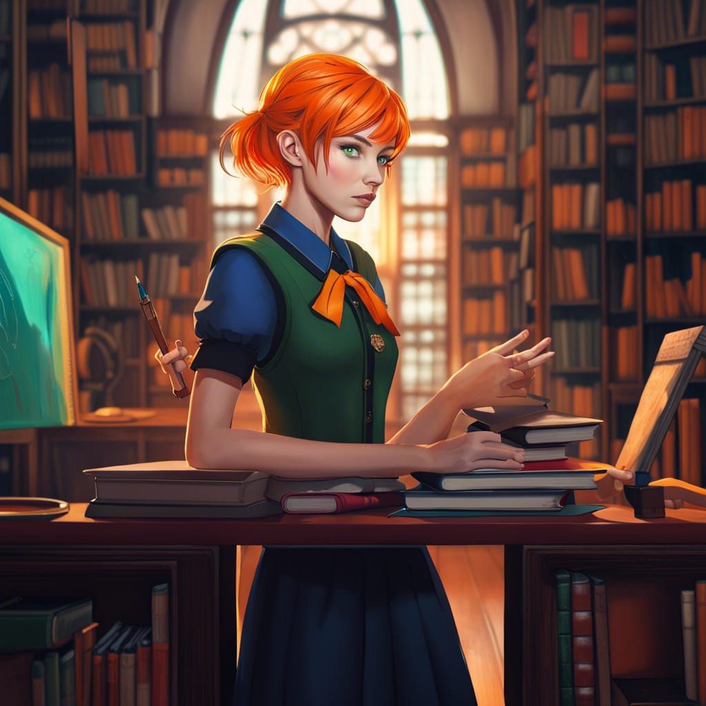 Green-Eyed Witch Girl Studying in Library