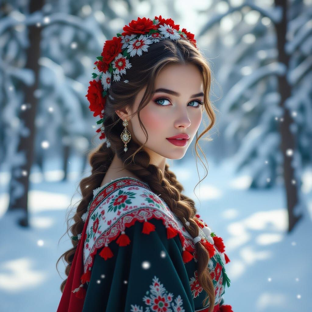 Russian Woman in Kokoshnik Winter Forest Fantasy Art