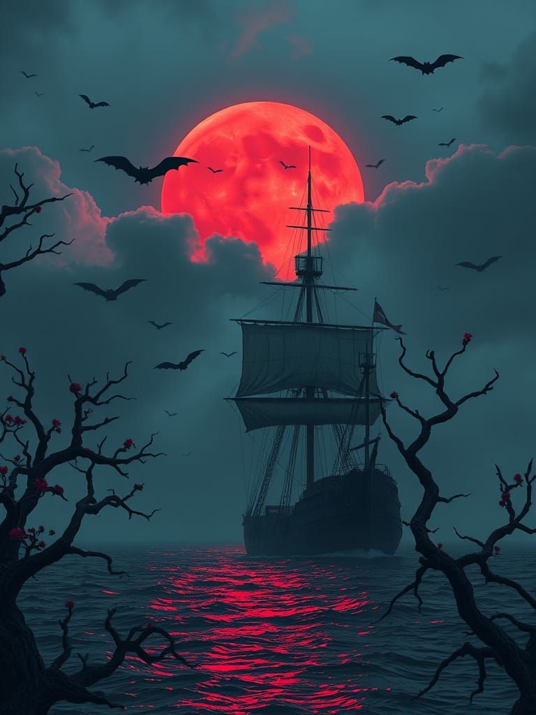 Viking Ship Under Red Moon in Dramatic Style