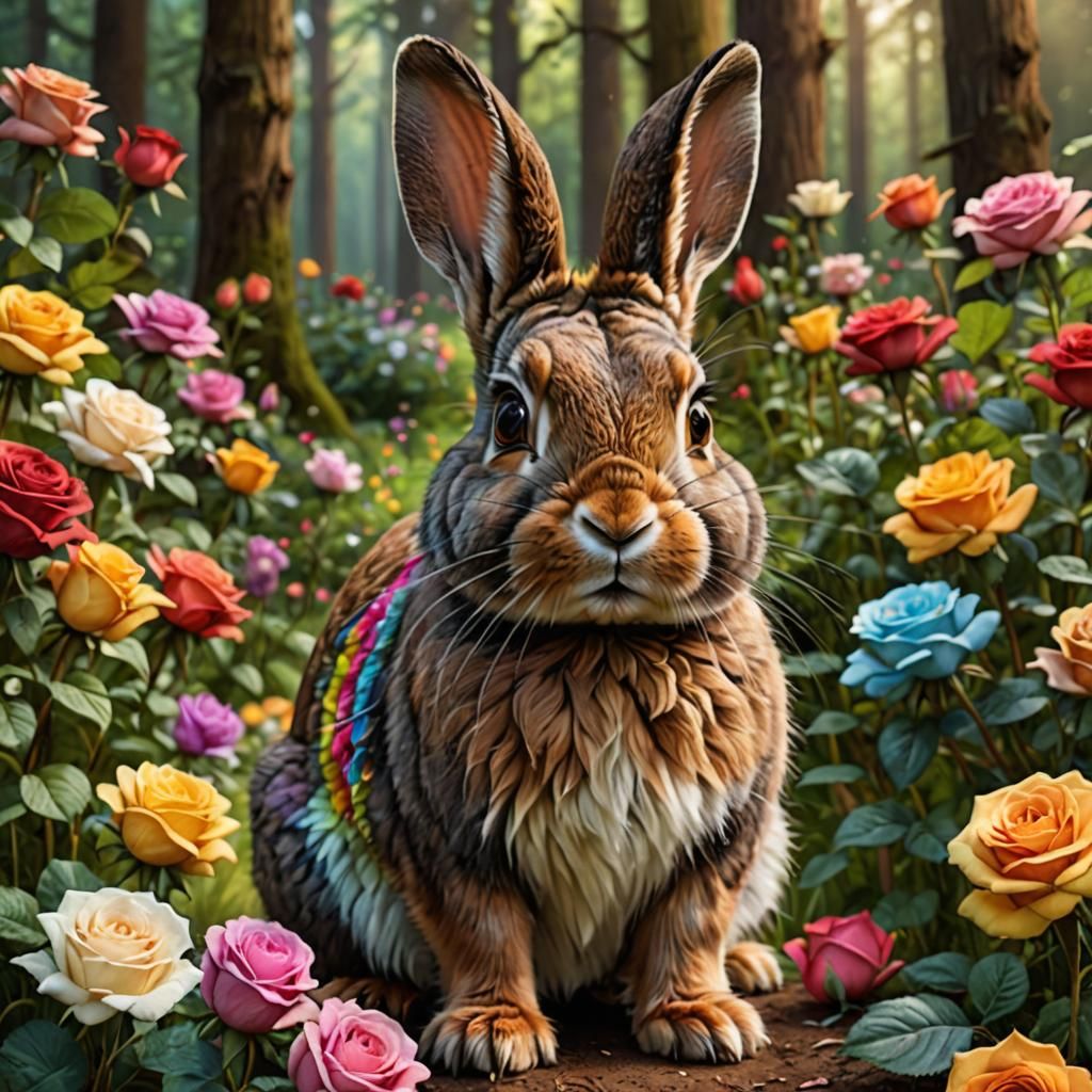 Cute Furry Brown Rabbit in Rainbow Rose Forest