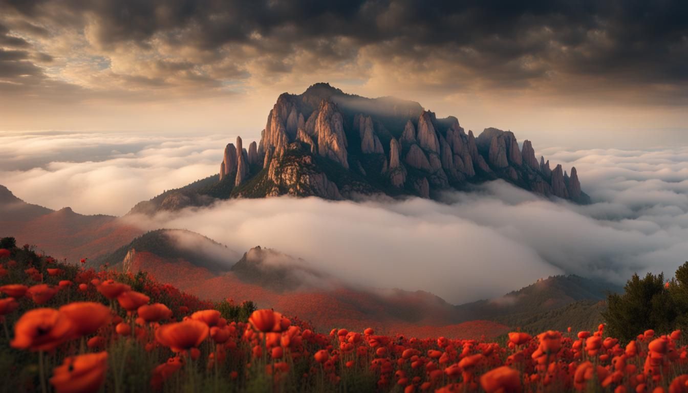 Catalonia's Montserrat: Poppy Fields in a Digital Painting