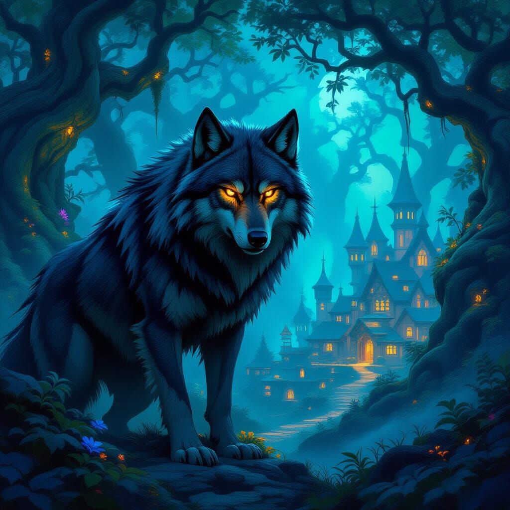 Battle-Scarred Wolf Guards Bioluminescent Fantasy Village
