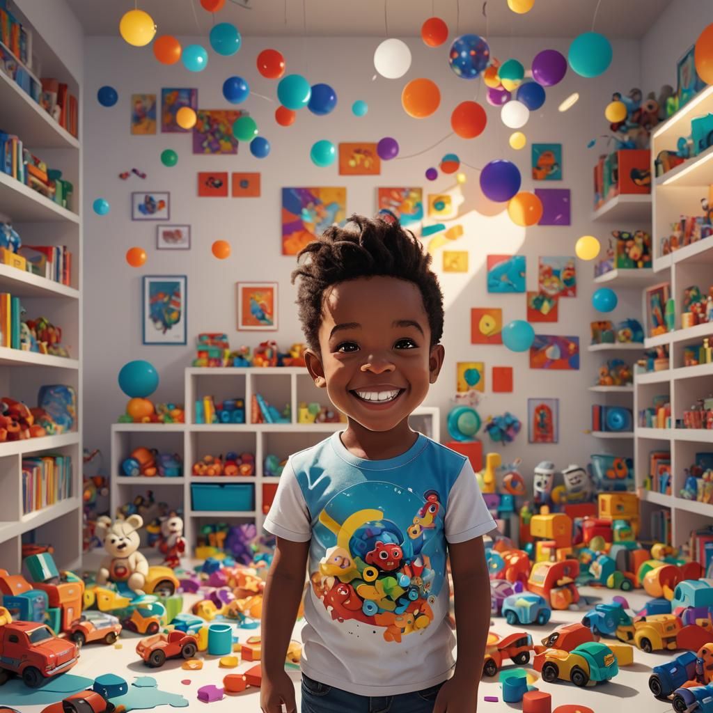 Joyful Boy in Toy Room: Pixar-Inspired 3D Art