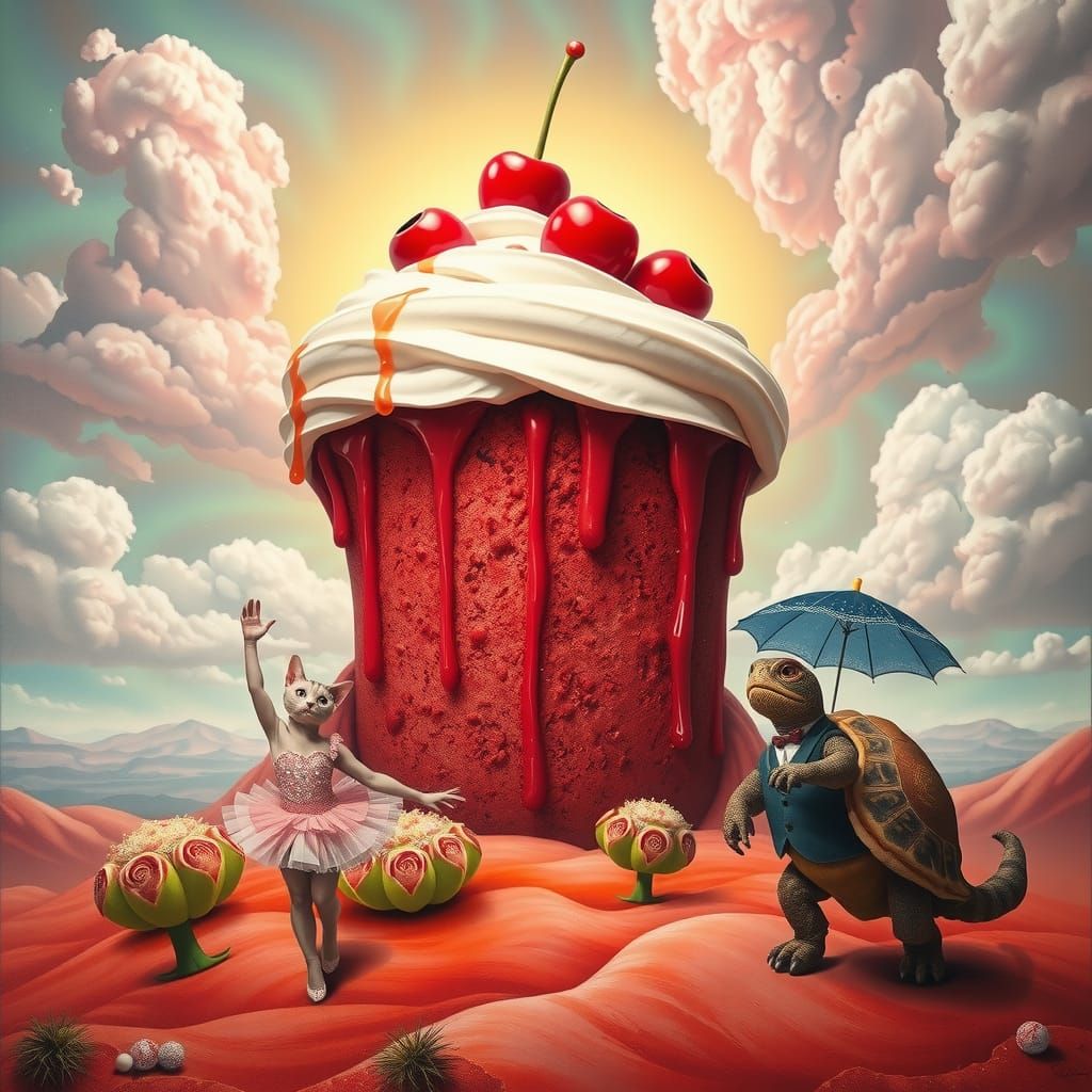 a playful, eerie twist on surrealism, a giant polka-dotted c...