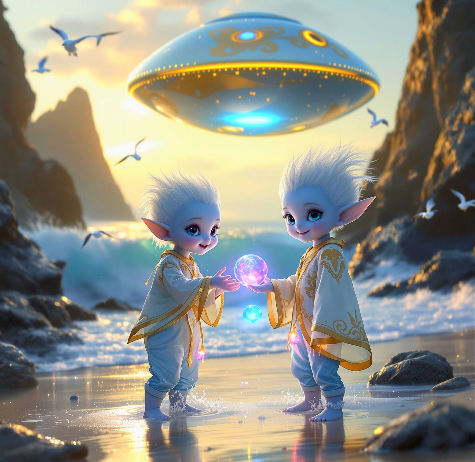 Adorable Alien Children Playing on a Beach at Dawn