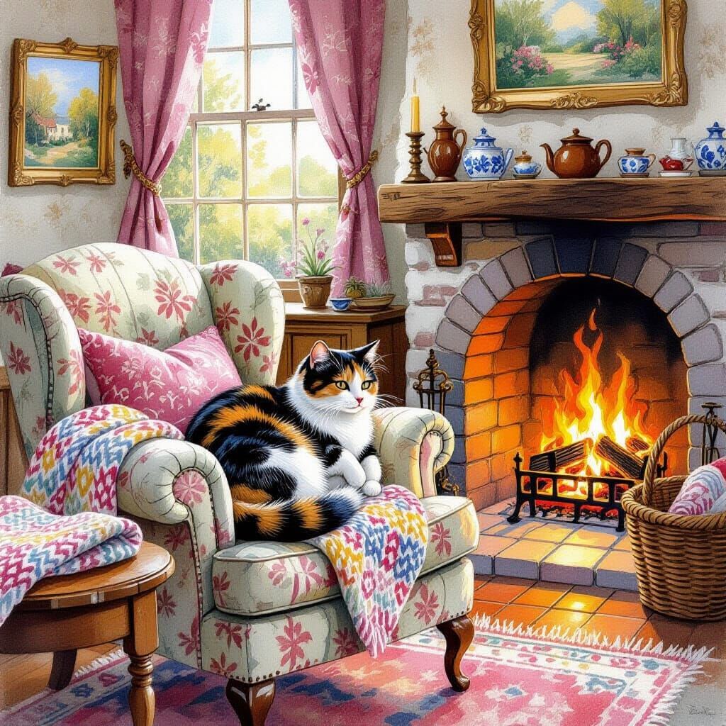Calico Cat in Cozy Cottage Interior as Gouache Painting