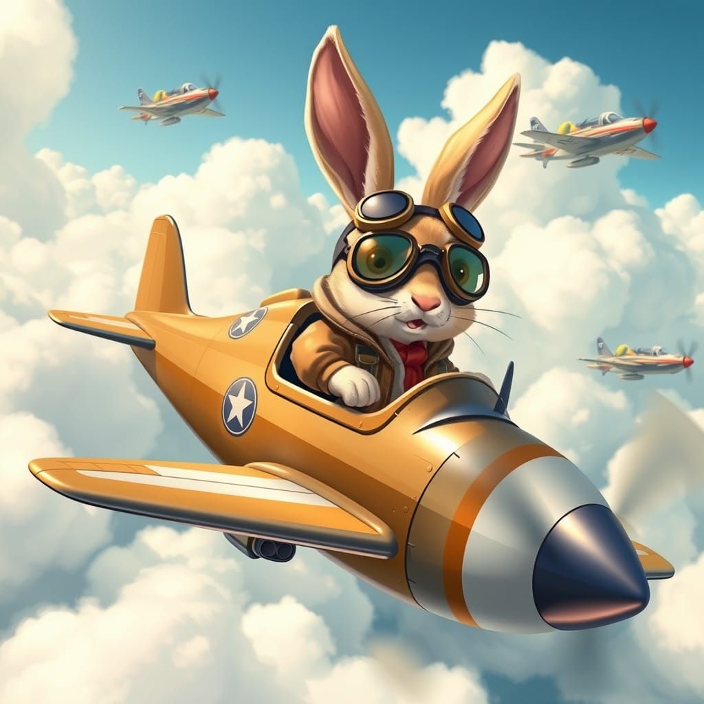 Charming Bunny Soars in Vintage Bomber, Outpacing Fighter Je...