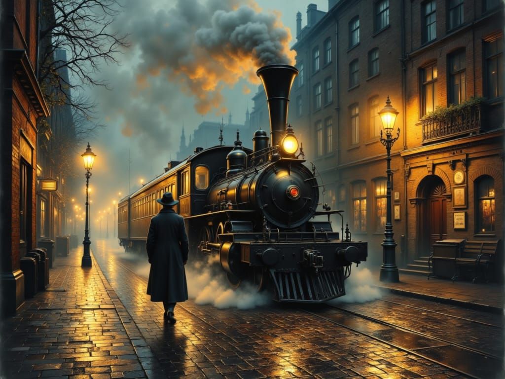 Night Steam Locomotive in Golden Light