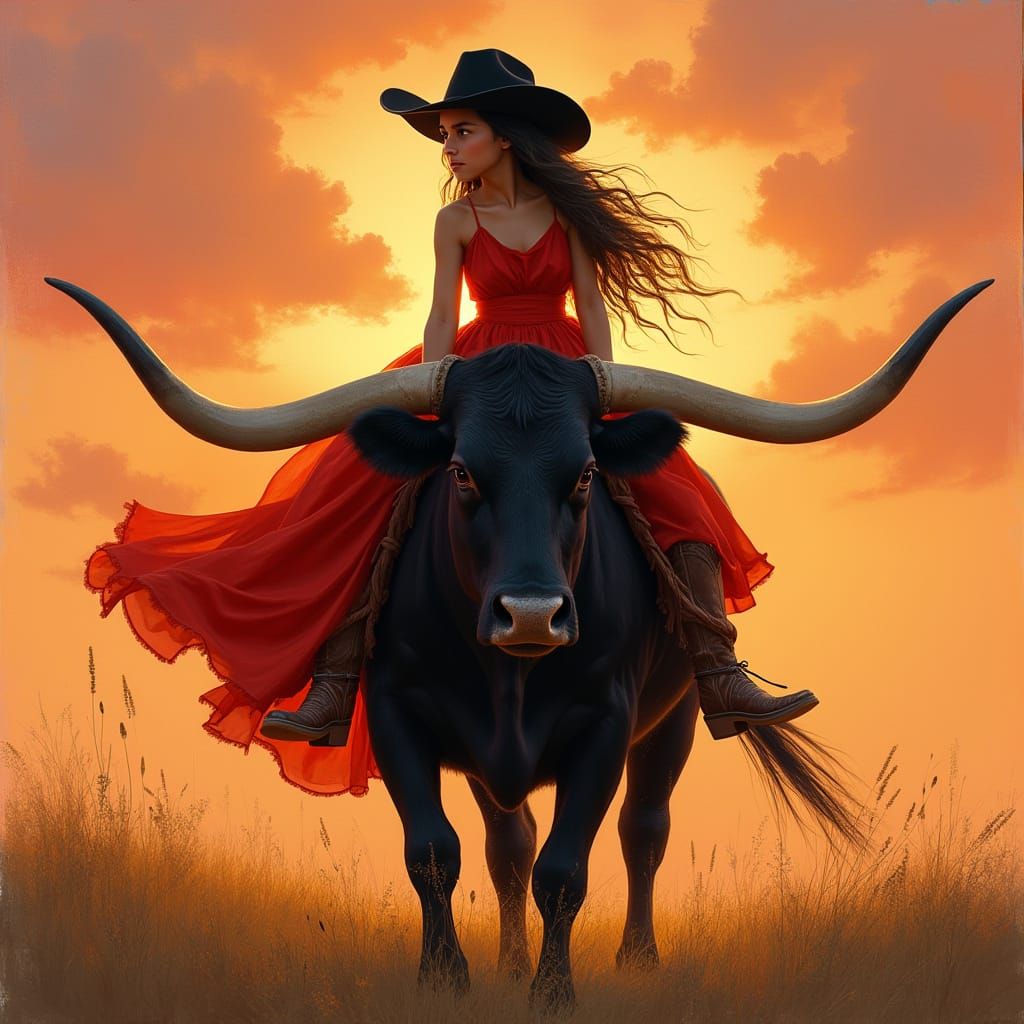 Cowgirl Silhouette at Sunset: Rustic Western Art
