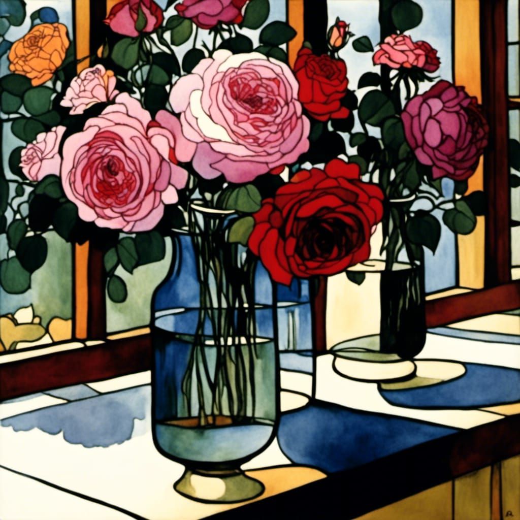 Vases of Roses on an Old-Fashioned Windowsill