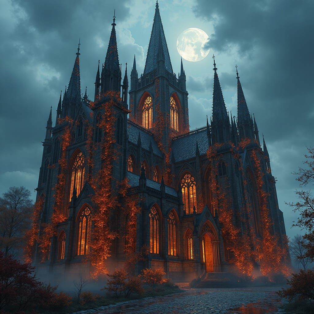 Gothic Cathedral of Glowing String Art Under Twilight Sky