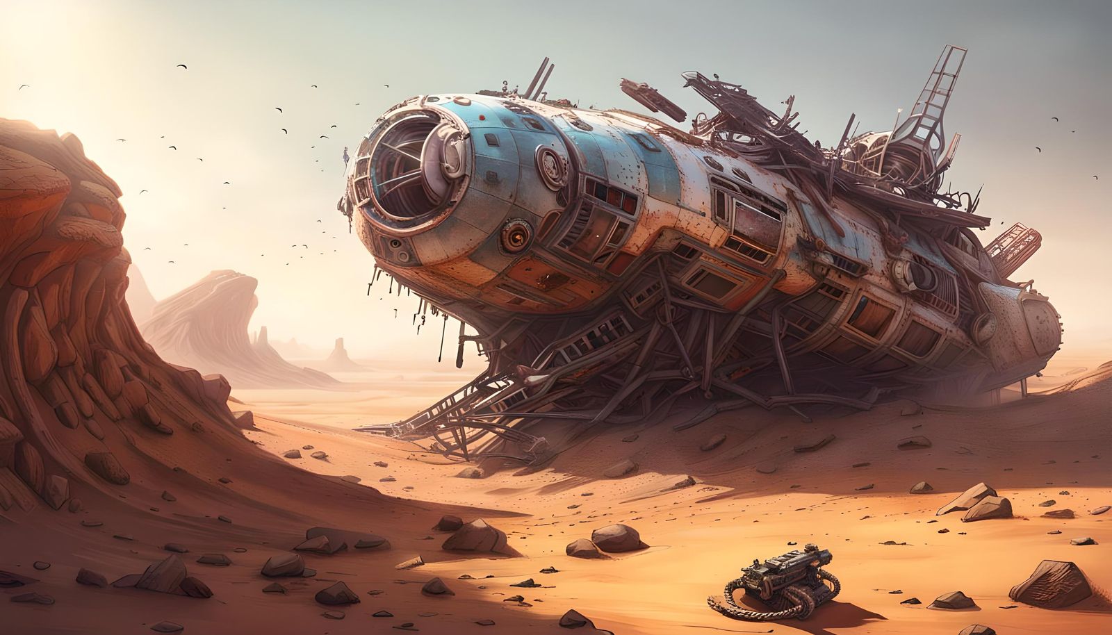 Mangled wreck of spaceship on distant desert
