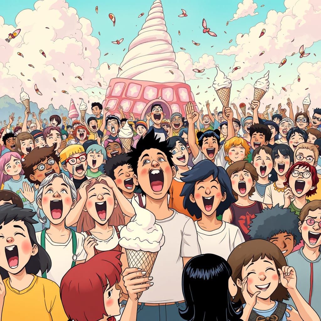 Joyful Crowd Chants for Ice Cream in a Vibrant Fantasy Scene