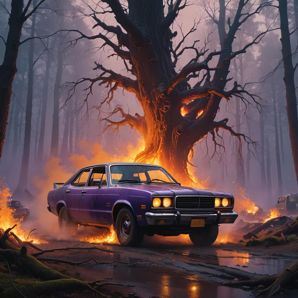 Burning Car in Mystical Forest Concept Art