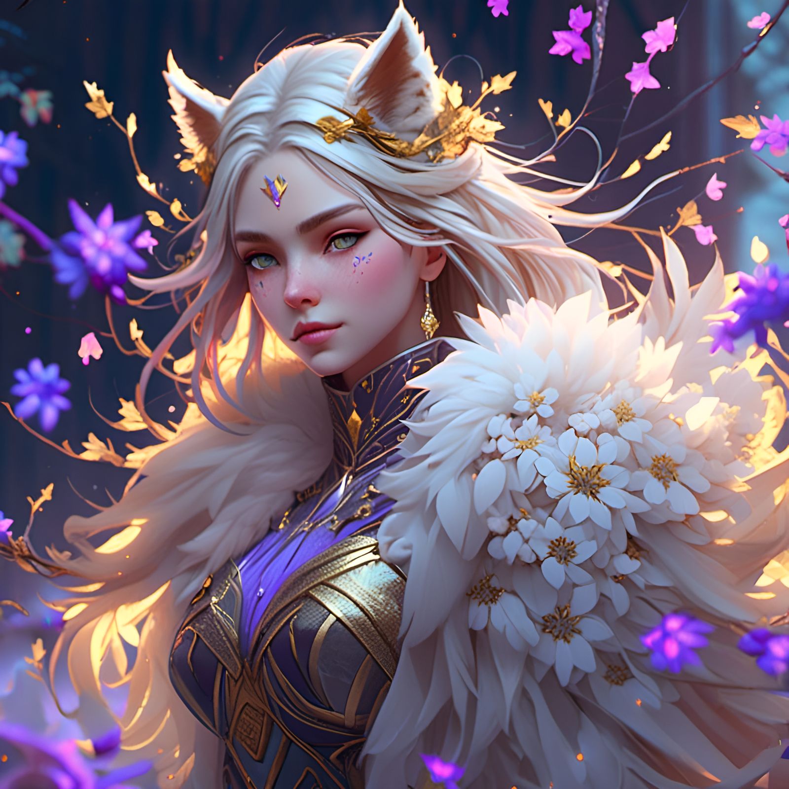 Wolf Girl with Magic Flowers, Dark Fantasy Art