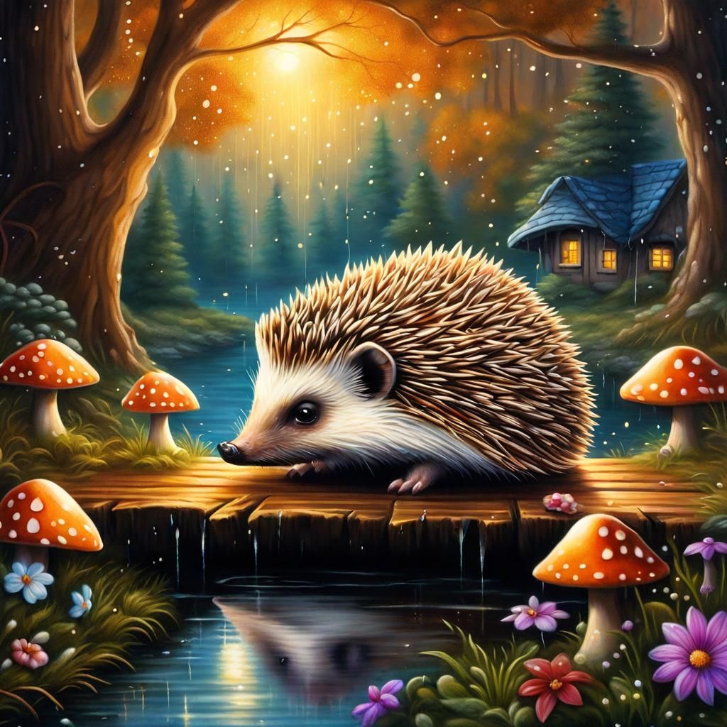 Hedgehog in Enchanted Forest Airbrush Painting