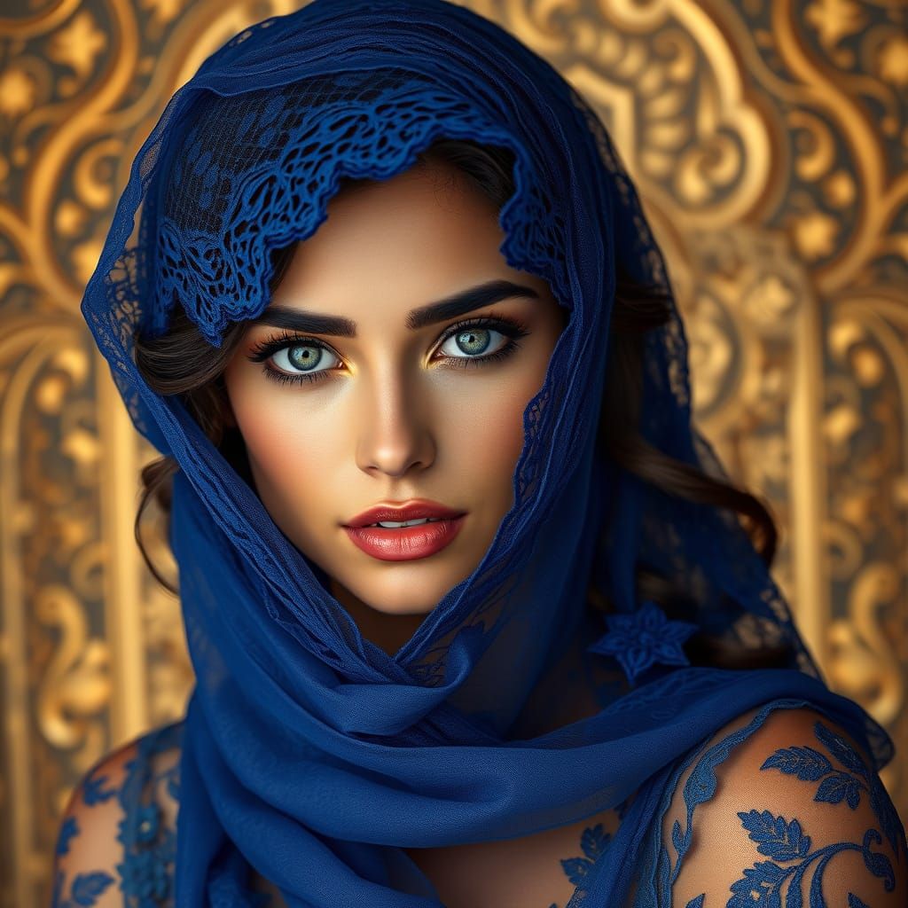 A stunning, realistic portrait of a woman with glowing olive...