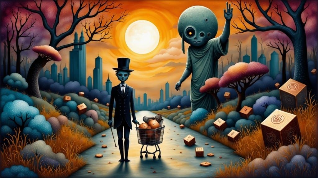 Scarecrow Gentleman's Promenade in Surreal Dreamscape
