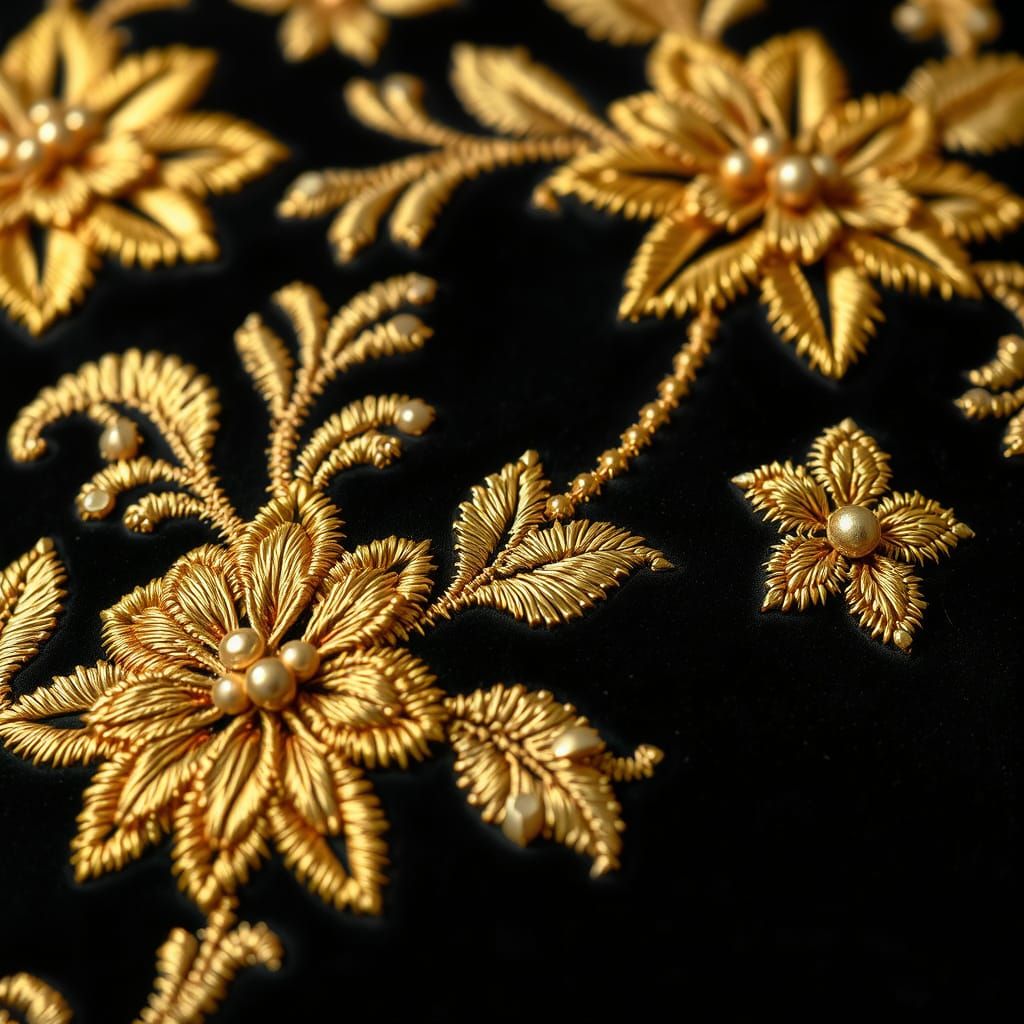 Golden Floral Embroidery on Velvet in Art Nouveau Style