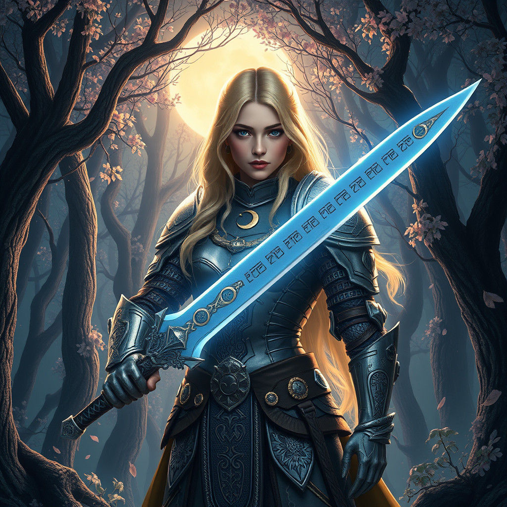Blonde Warrior in Mystical Night Forest