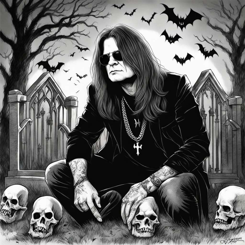 Ozzy Osbourne Graveyard Sketch with Bat