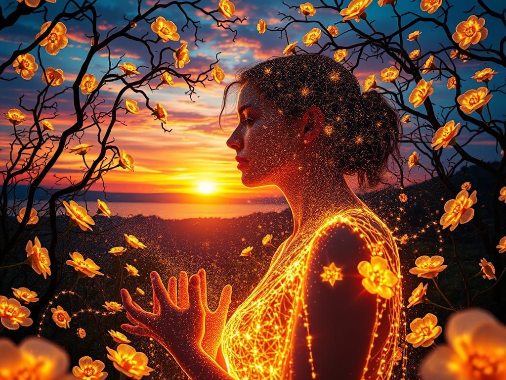 Mother in Dreamlike Labyrinth of Light and Color