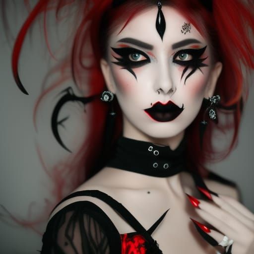 Young Gothic lady with cat’s-eye eyeliner and smoky black eyeshadow and Red eyeshadow and Black lipstick