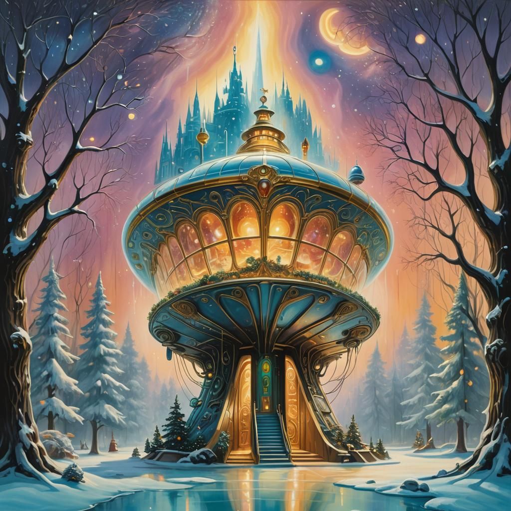 Christmas Spaceship in Fifth Dimension: Surreal Oil Painting