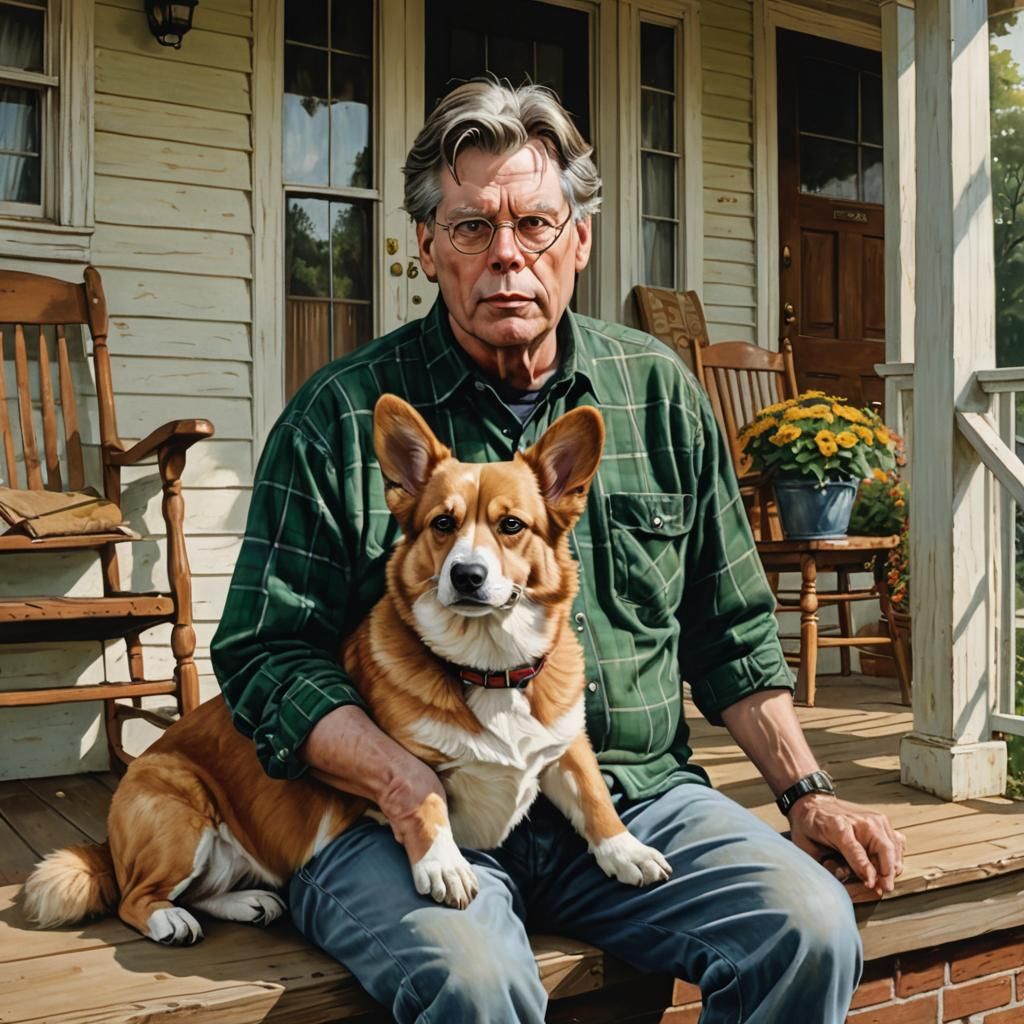 Stephen King sitting on the porch with one of his welsh corgi’s. Hyperrealistic, concept art, full s...