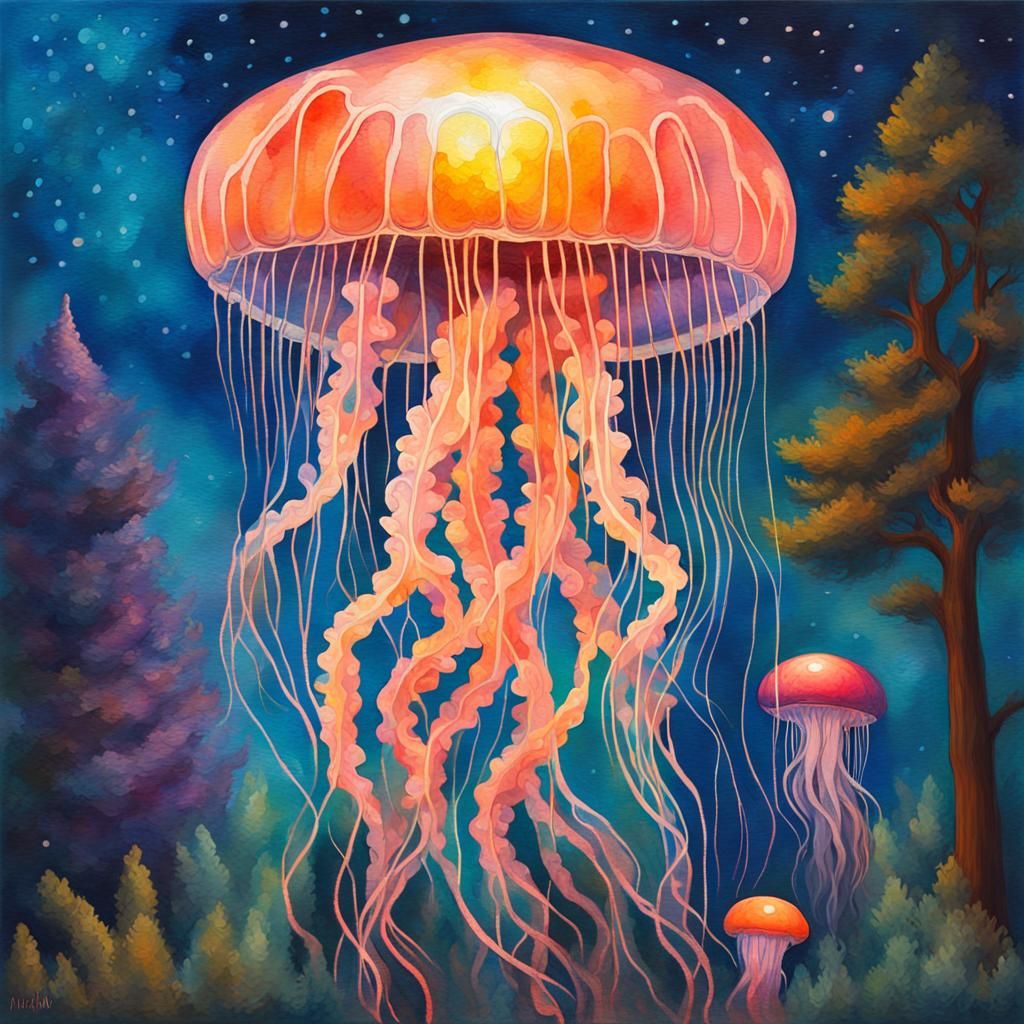 Bioluminescent Jellyfish Tree of Life in Gouache Style