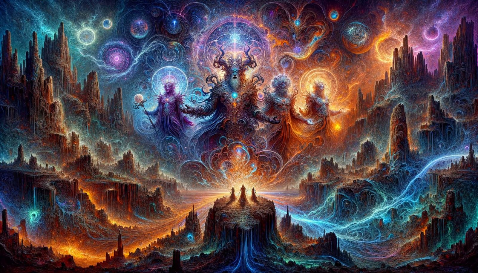 Divine Beings in Lavish Attire Confront Eerie Landscape