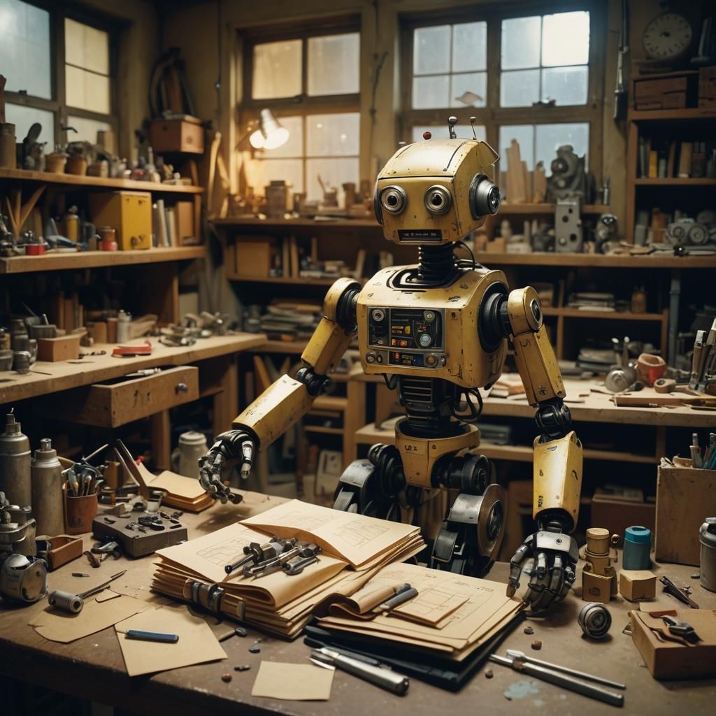 Handmade Steampunk Robot in Workshop