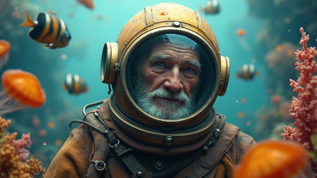 Elderly Man in Diving Helmet, Surrounded by Vibrant Sea Life...