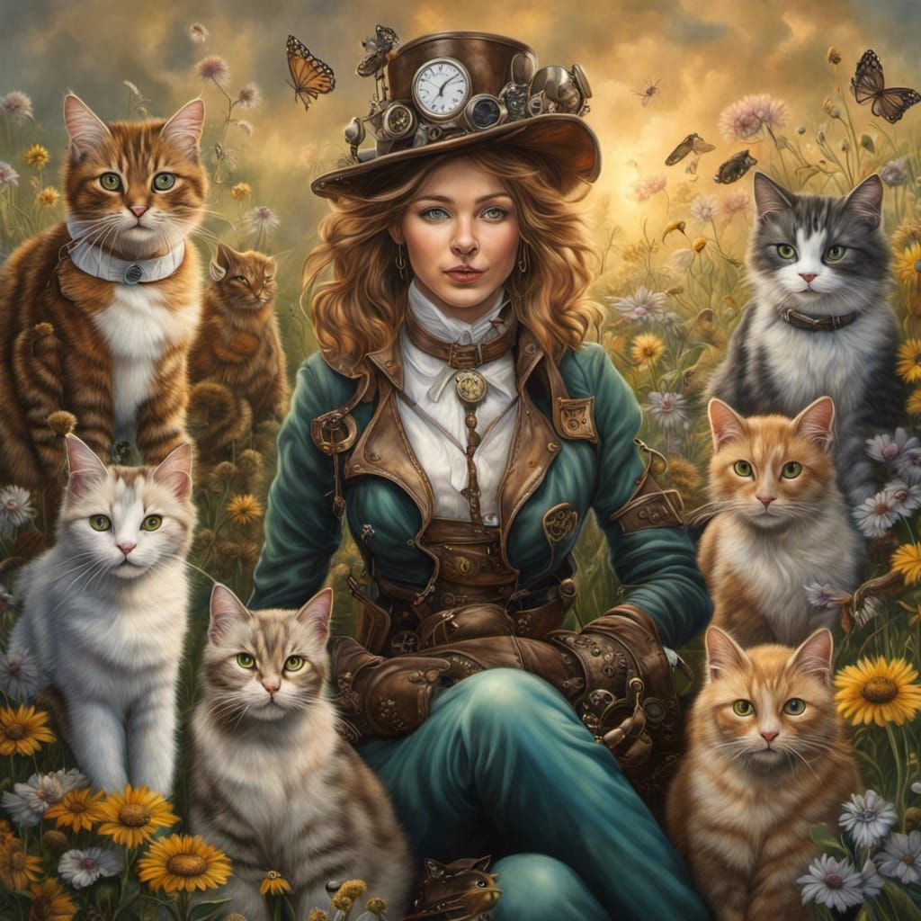 Steampunk Cat Herder in a Vibrant Wildflower Meadow