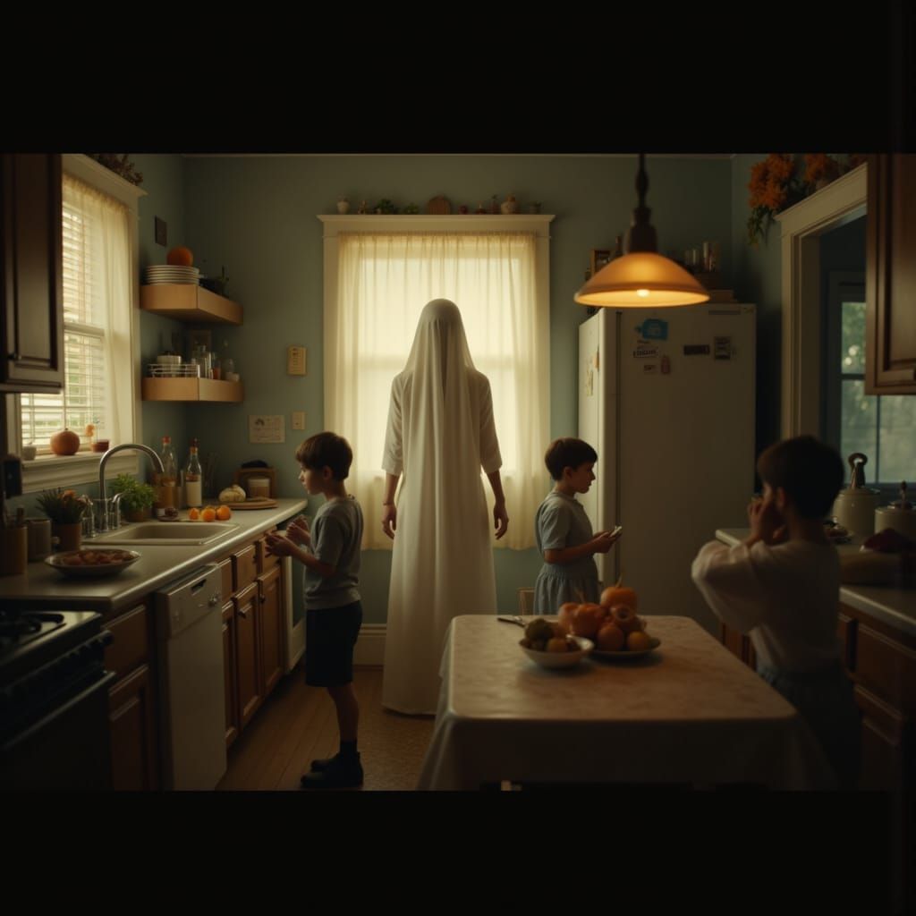 Ghostly Guardian in a Family Kitchen