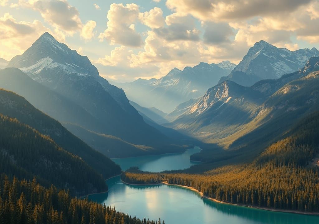 Majestic Landscape Painting with Golden Sunlight