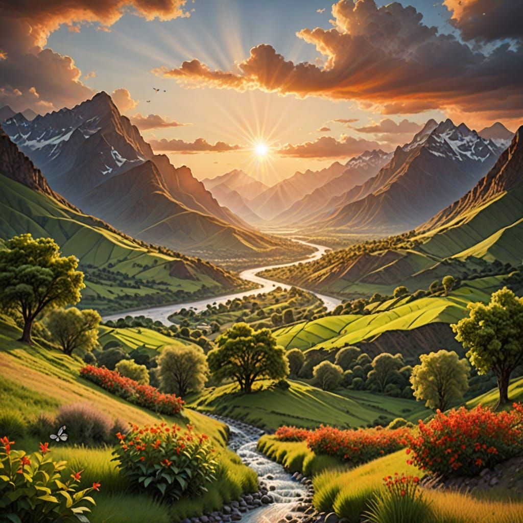 Lush Valley with River and Sunset