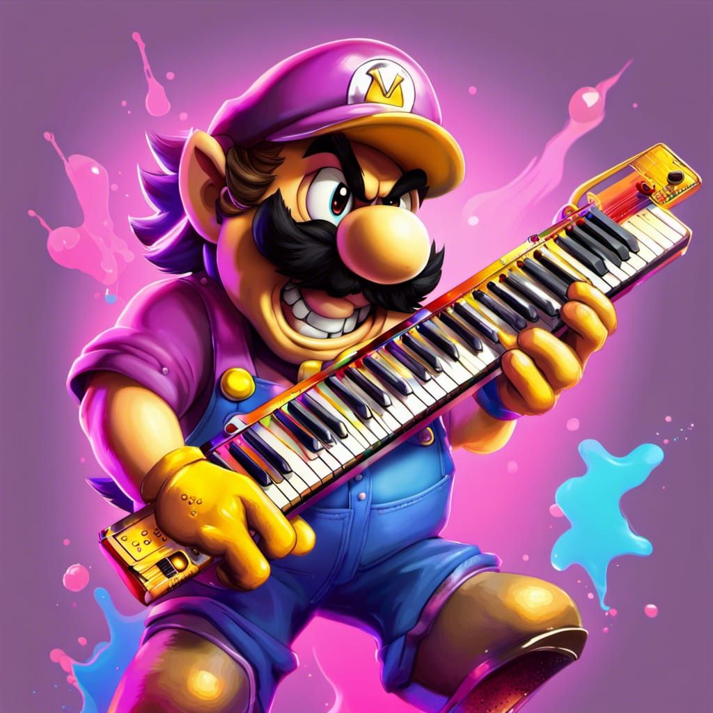 Hyperrealistic Wario Plays Keytar in Splash Art Style