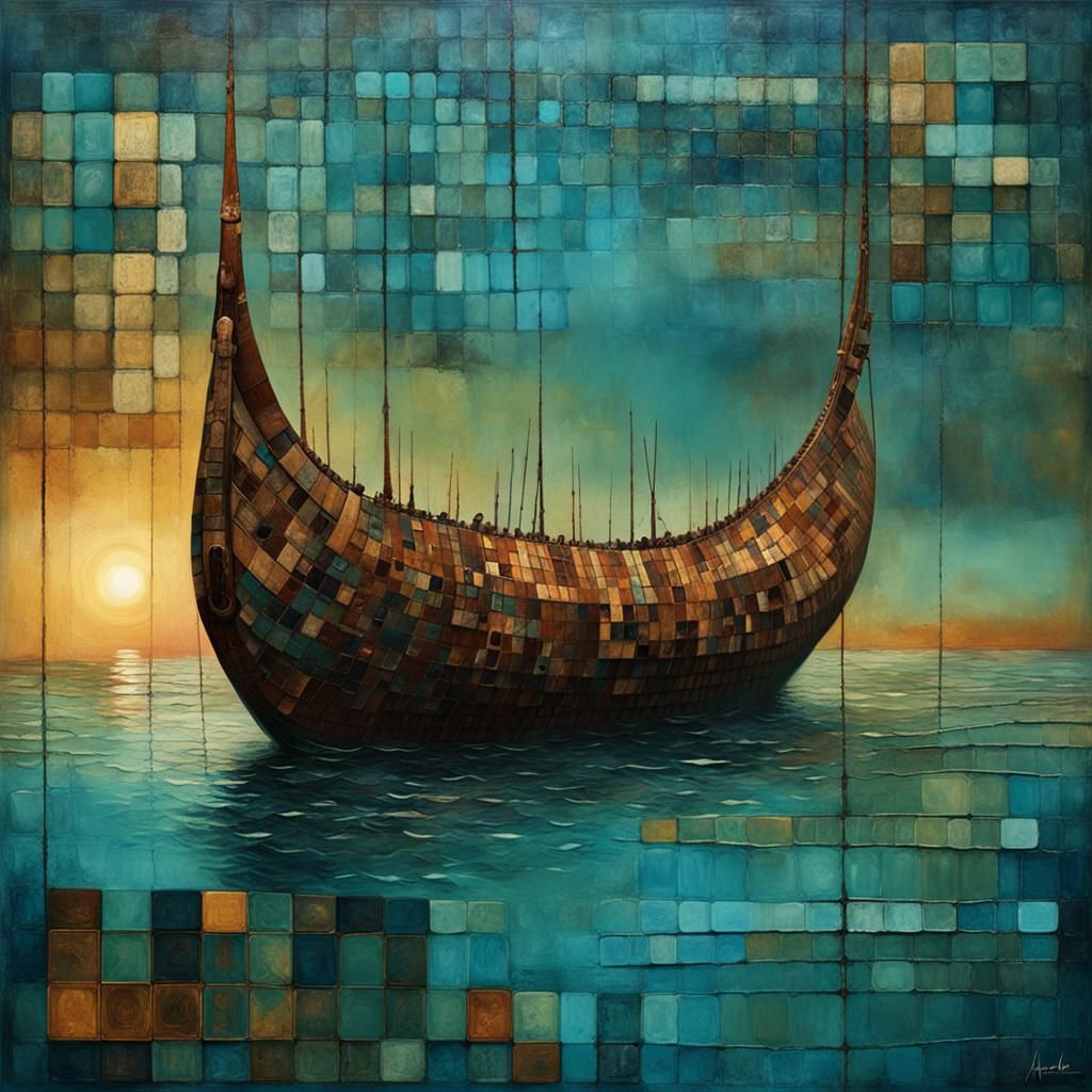 Surreal Abstract Painting of Ancient Viking Longboat in Turq...