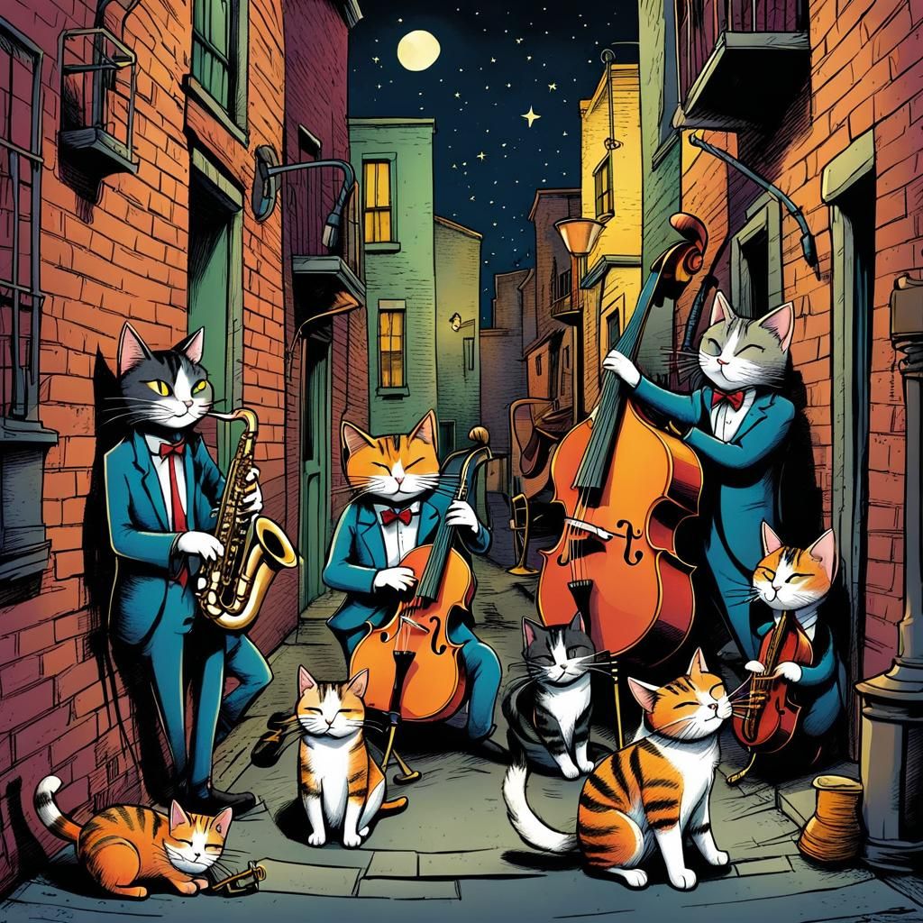 Jazz Cats in Alley: Vibrant Digital Sketch