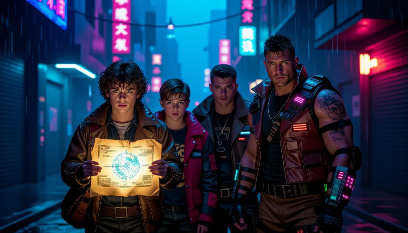 Goonies in a Cyberpunk Blade Runner Cityscape