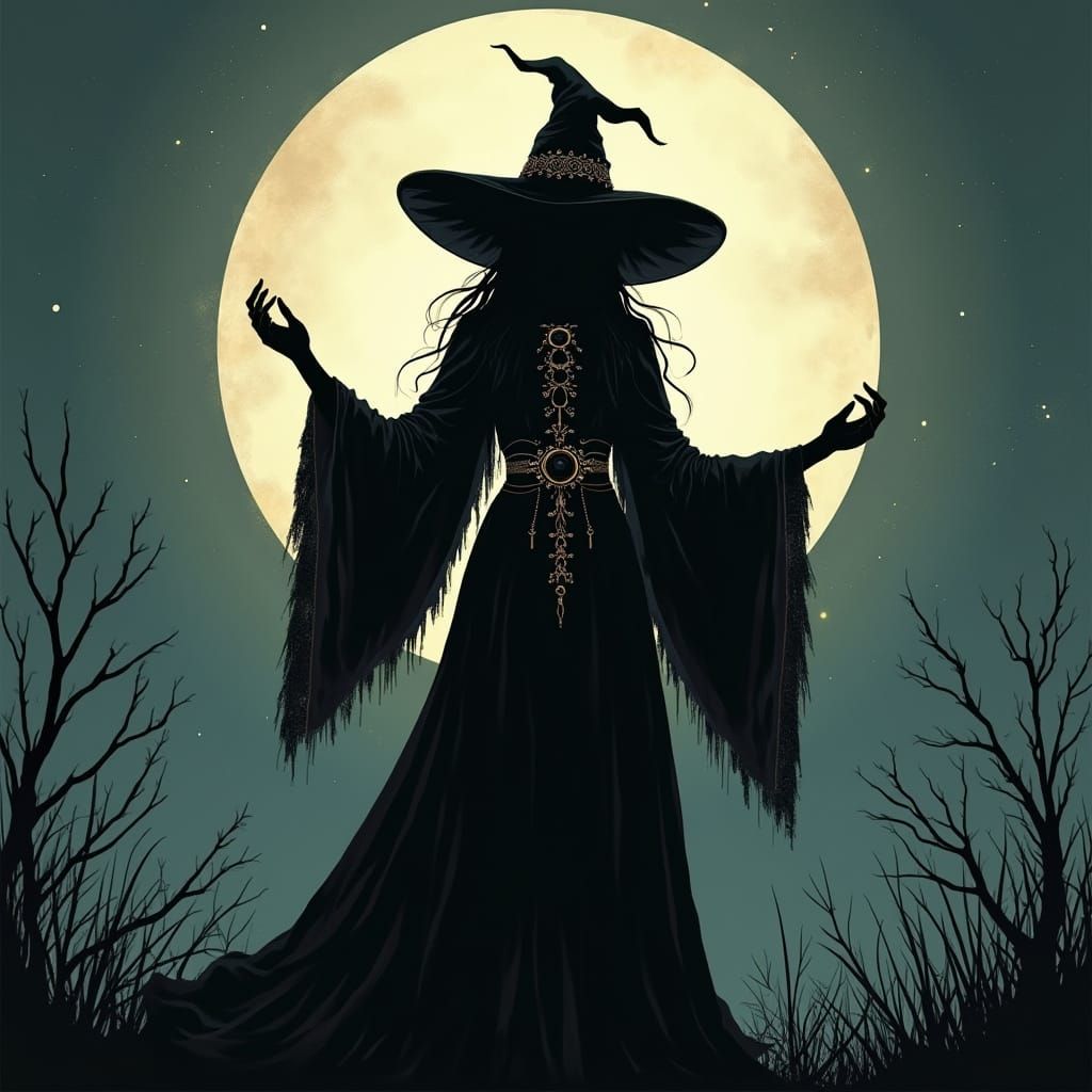 Witch Silhouette Casting Spell Under Full Moon
