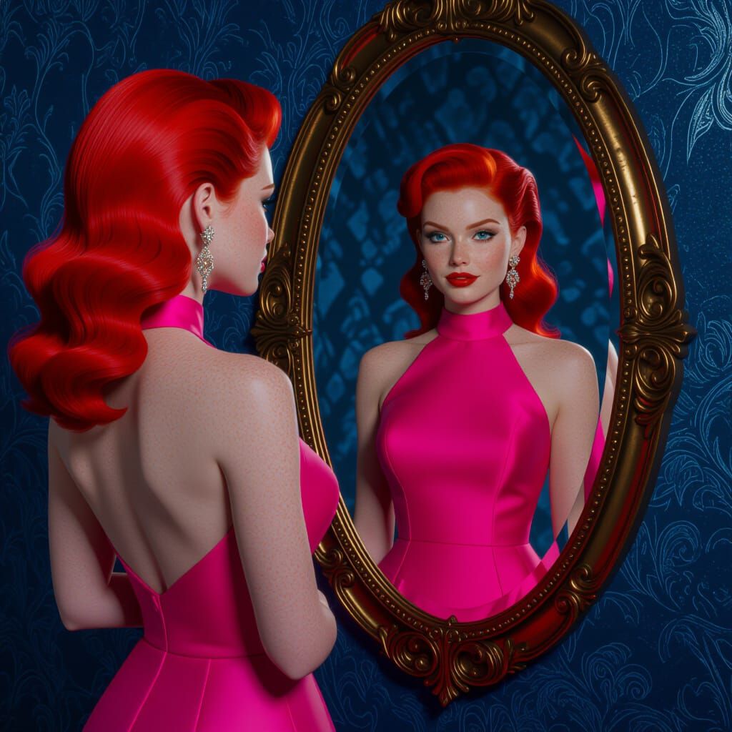 Woman in Ornate Mirror, Detailed Matte Painting