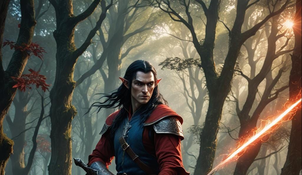 A tall male elf with long black hair and blue eyes, wearing red clothes and holding a sword