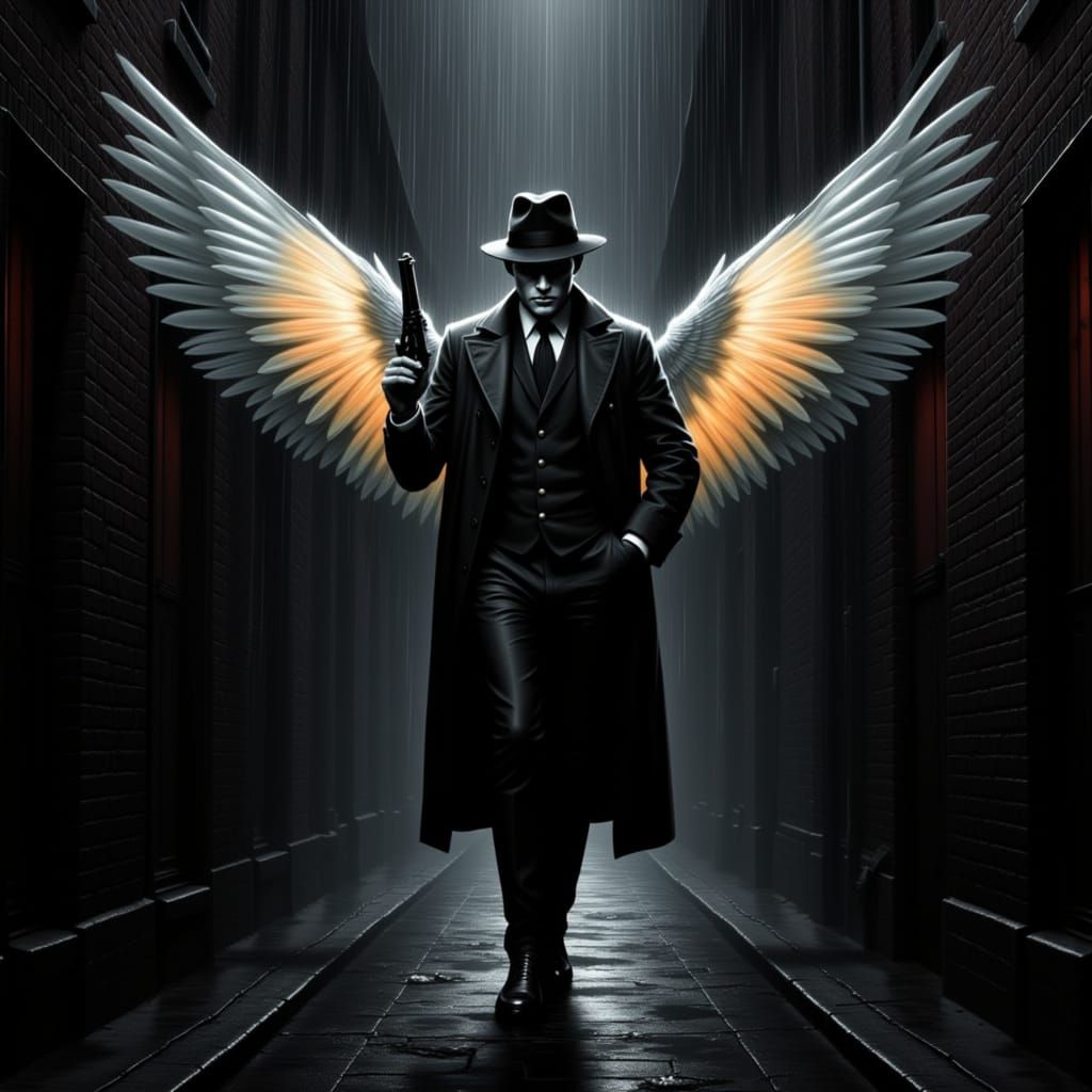 Winged Angel Spy in Noir Alleyway
