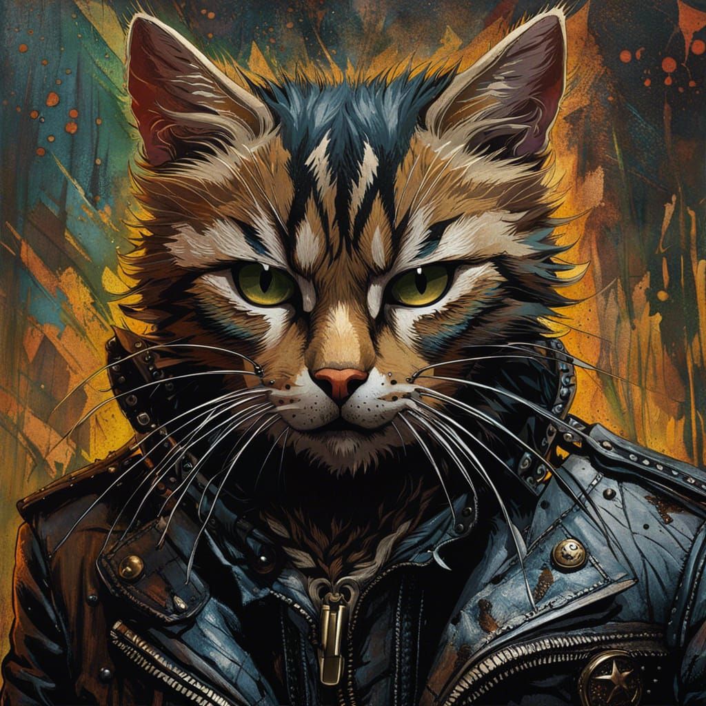 Yard Cat Portrait in Leather Jacket, Detailed Splash Art