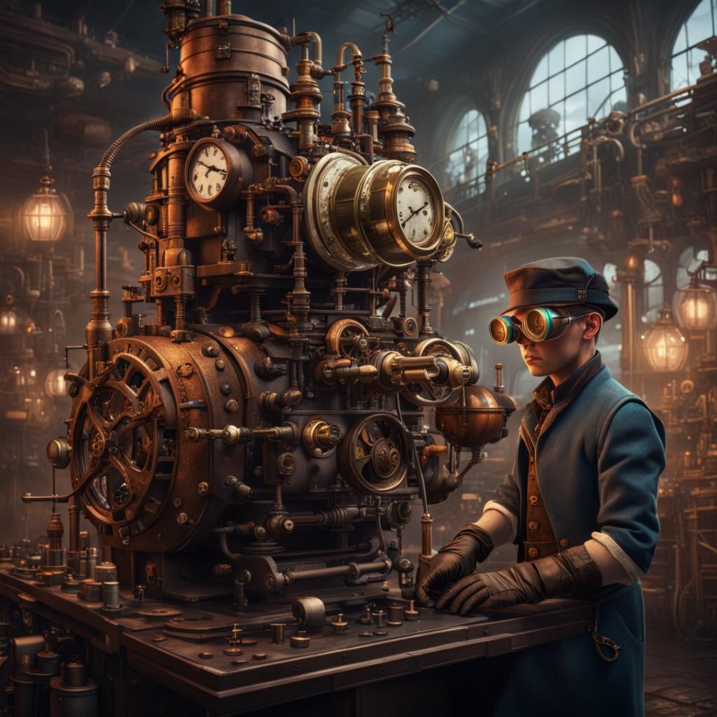 Steampunk Apprentice Repairs Machine: Detailed Matte Paintin...